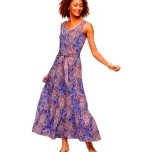 Talbots Plus cotton blend blue red paisley sleeveless tiered maxi dress X NWT